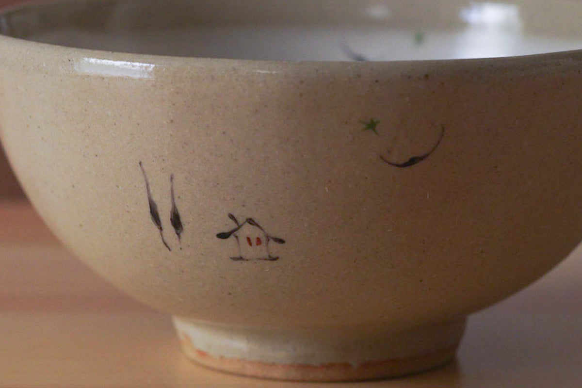 工房kuromiya | 白化粧色絵 ご飯茶碗 家と月